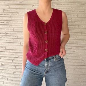 Vintage Grandma/Cottage Red Button Up Tank Knit Vest Size Small